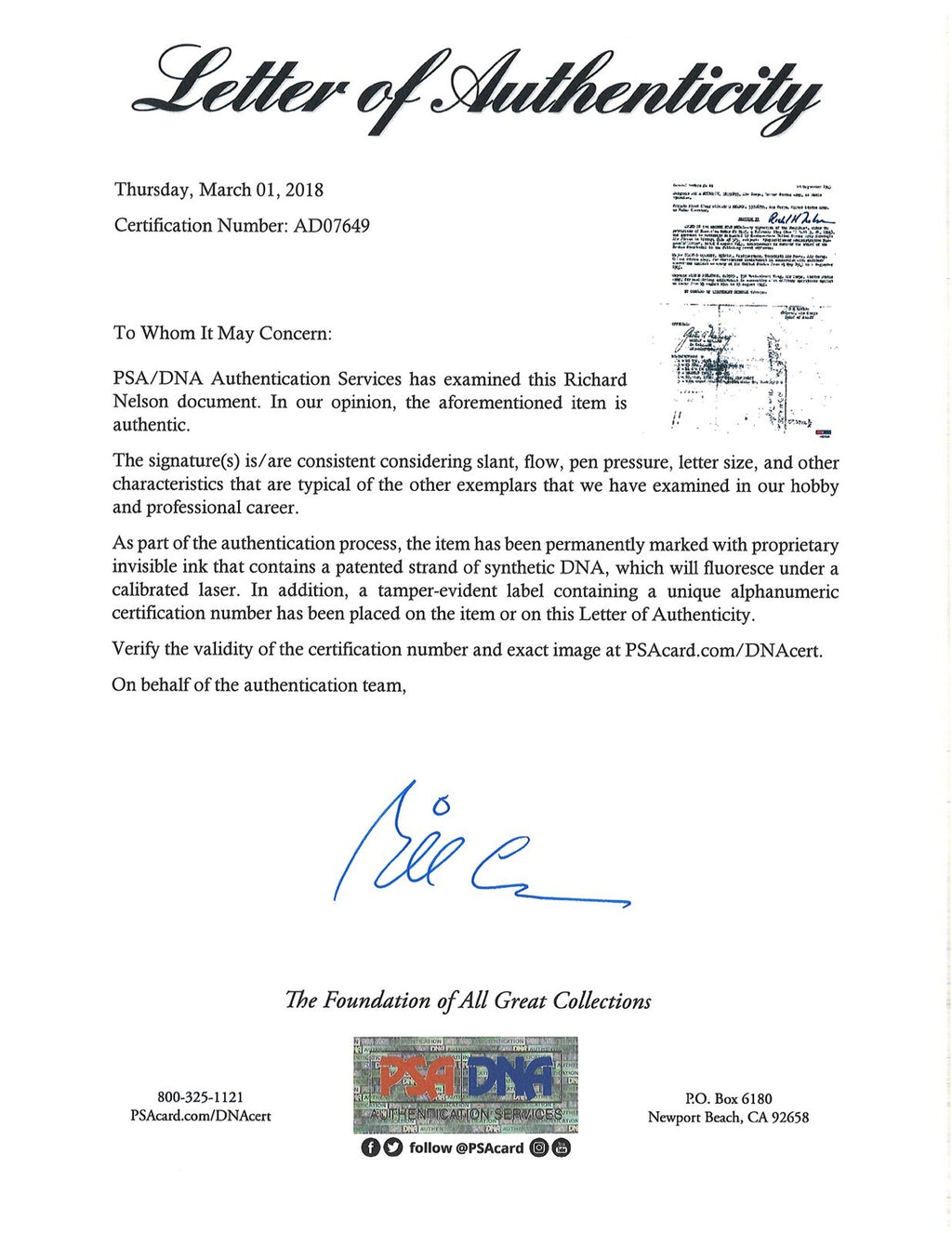 RICHARD NELSON SIGNED SILVER STAR DOCUMENT PSA DNA AD07649 (D) ENOLA GAY1