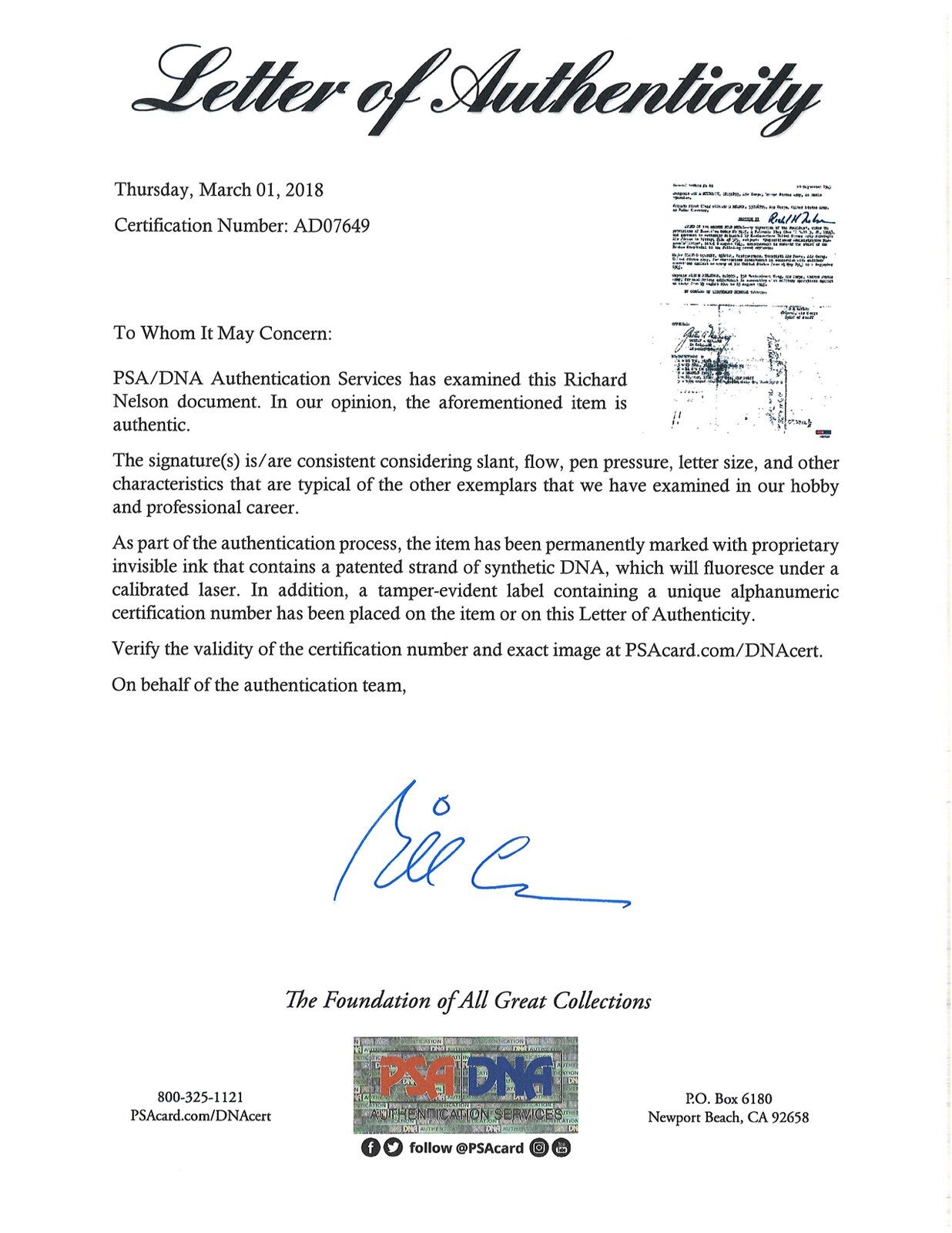 RICHARD NELSON SIGNED SILVER STAR DOCUMENT PSA DNA AD07649 (D) ENOLA GAY1