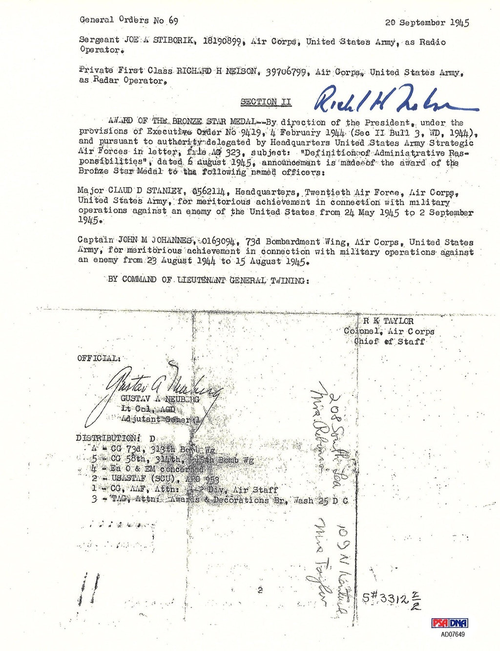 RICHARD NELSON SIGNED SILVER STAR DOCUMENT PSA DNA AD07649 (D) ENOLA GAY0