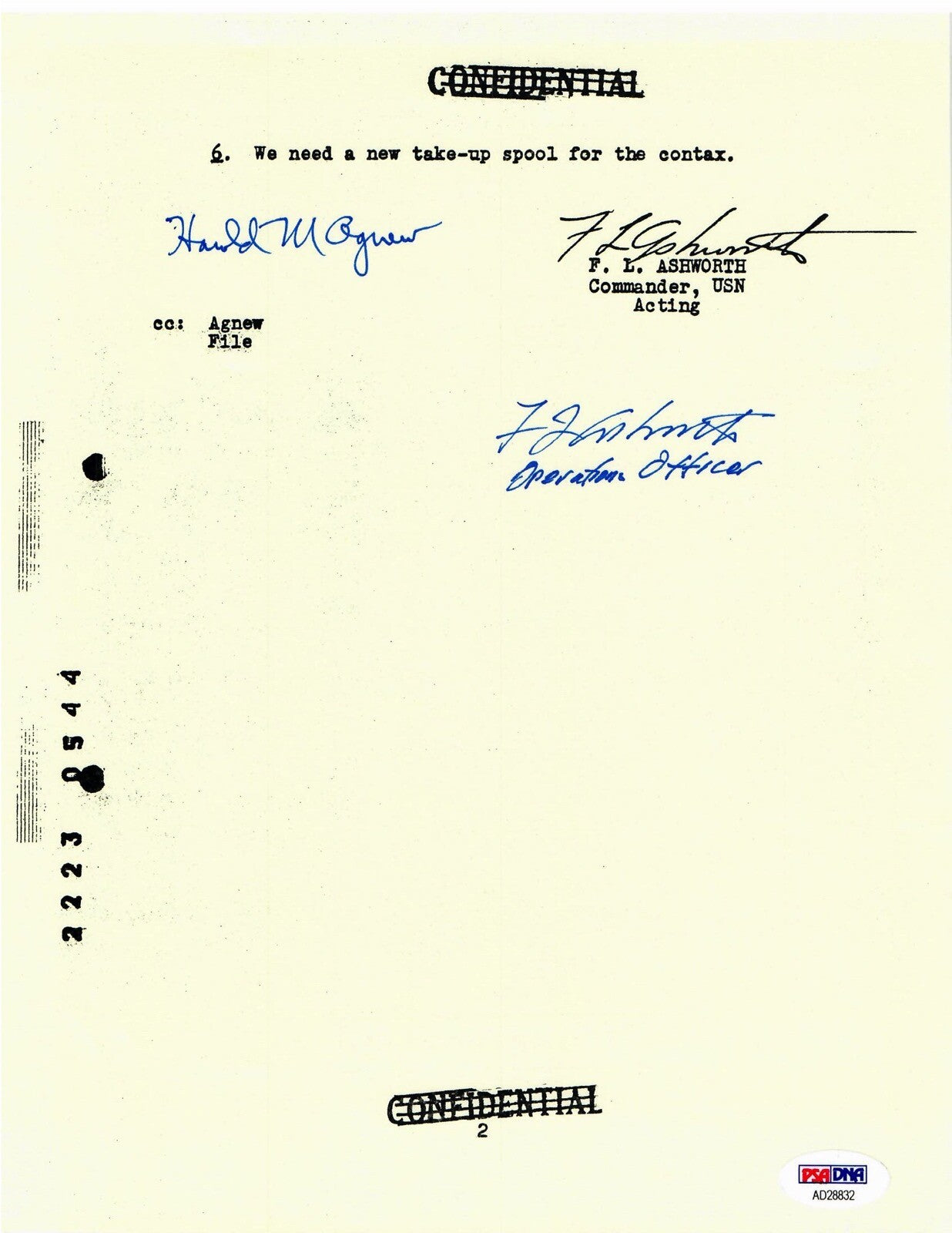 FREDERICK ASHWORTH HAROLD AGNEW SIGNED DOCUMENT PSA DNA AD28832 PROJECT ALBERTA0