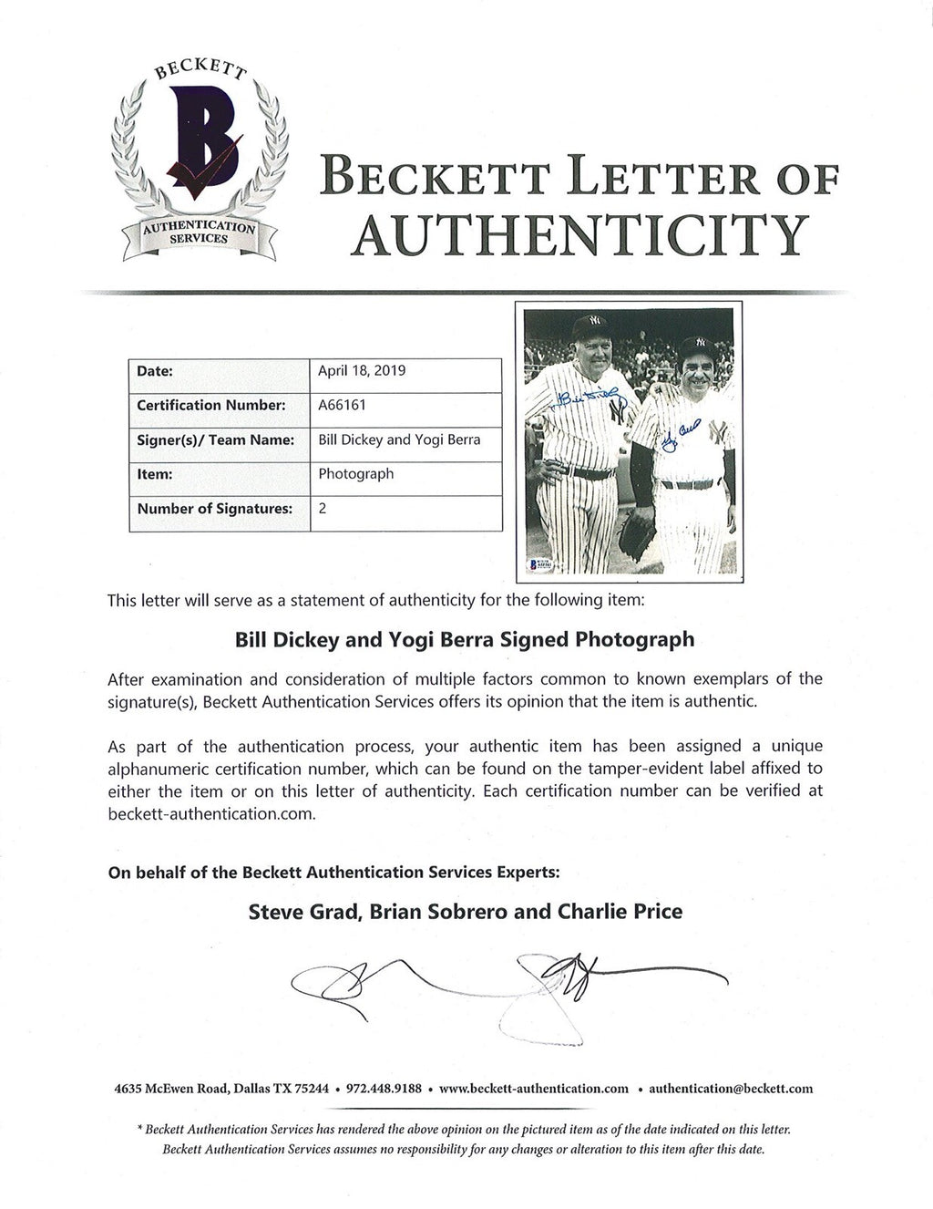 YOGI BERRA & BILL DICKEY DUAL SIGNED 8X10 PHOTOGRAPH BAS A661611