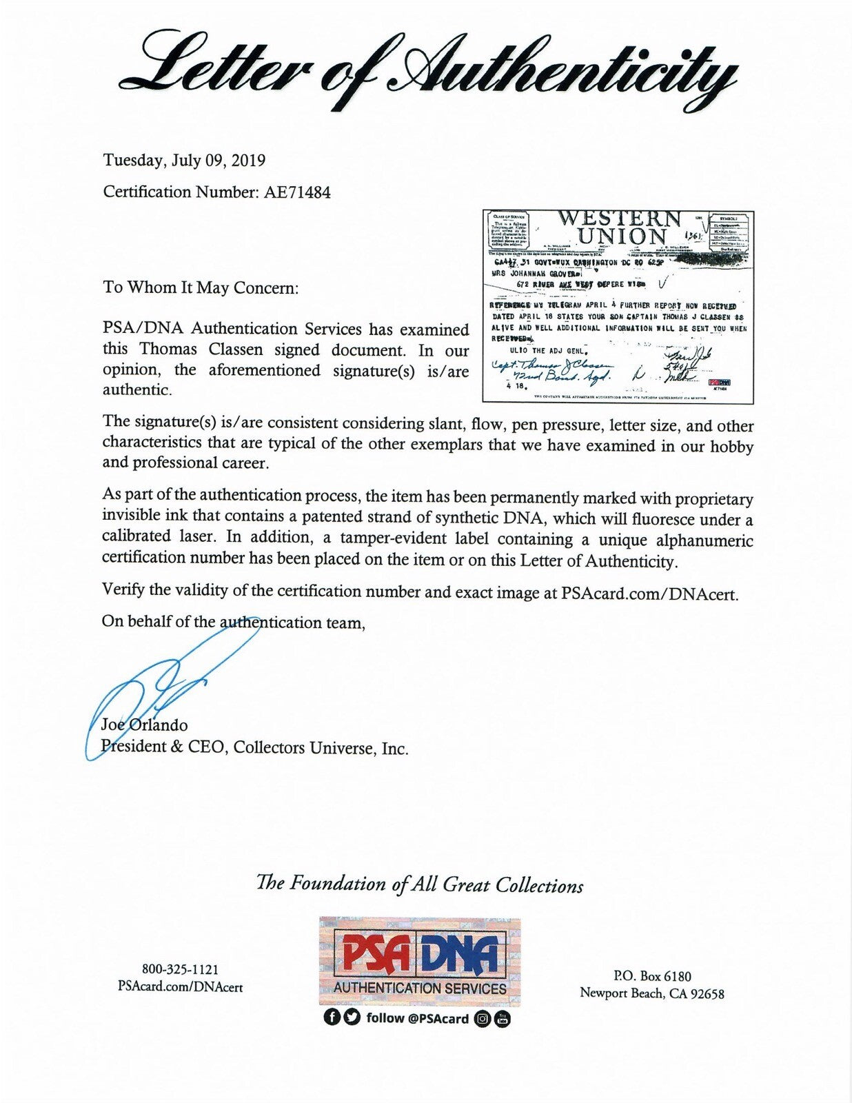 THOMAS CLASSEN SIGNED WESTERN UNION DOCUMENT PSA DNA AE71484 (D) WWII 72ND BS1