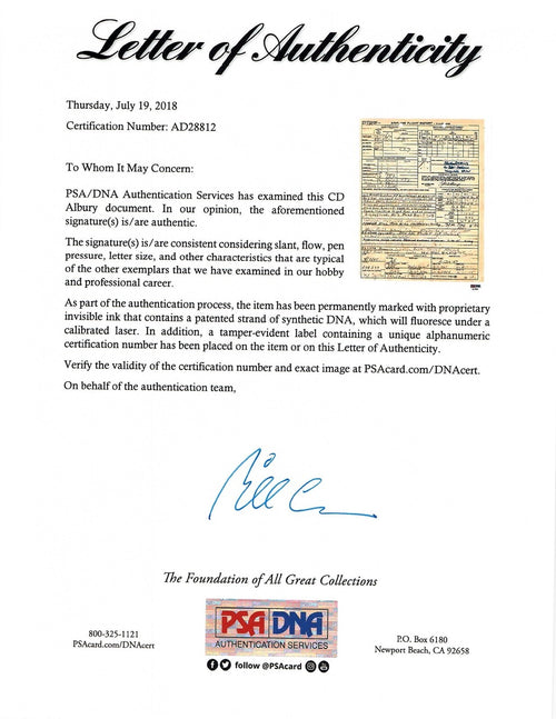 CD ALBURY SIGNED FLIGHT RECORD DOCUMENT PSA DNA AD28812 BOCKSCAR NAGASAKI 8/9/451