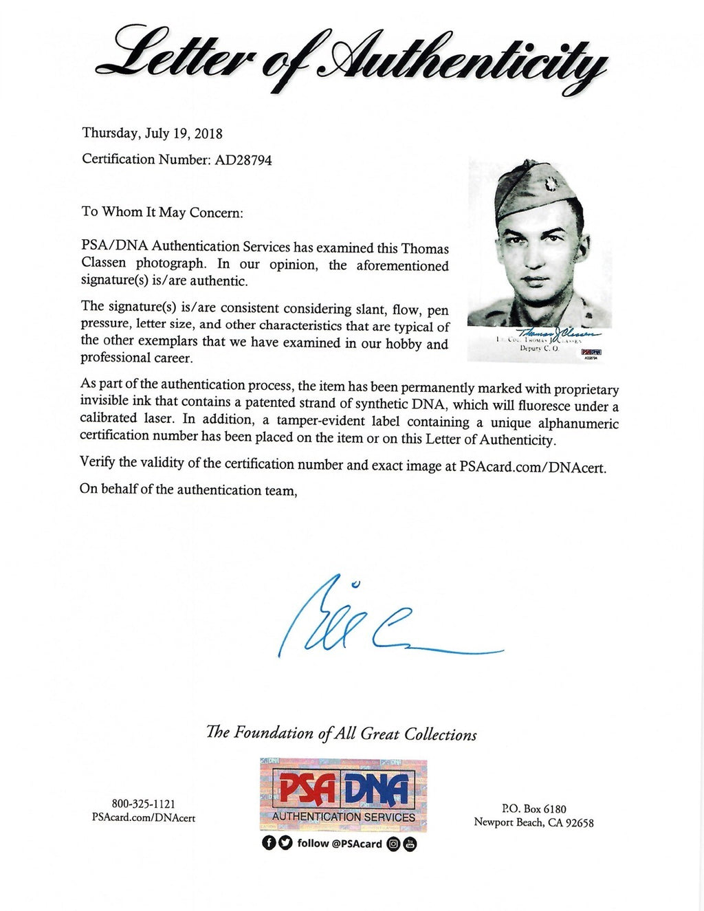 THOMAS CLASSEN SIGNED 5X7 PSA DNA AD28794 509TH COMP GROUP DEPUTY COMMANDER1