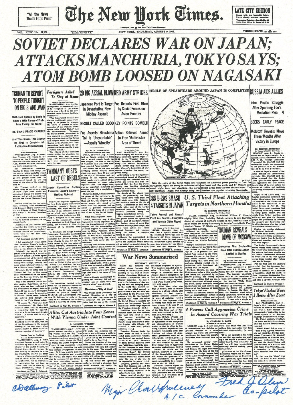 BOCKCAR C-15 CREW SIGNED NEW YORK TIMES FRONT PAGE PSA DNA AB13912 (D) WWII X30