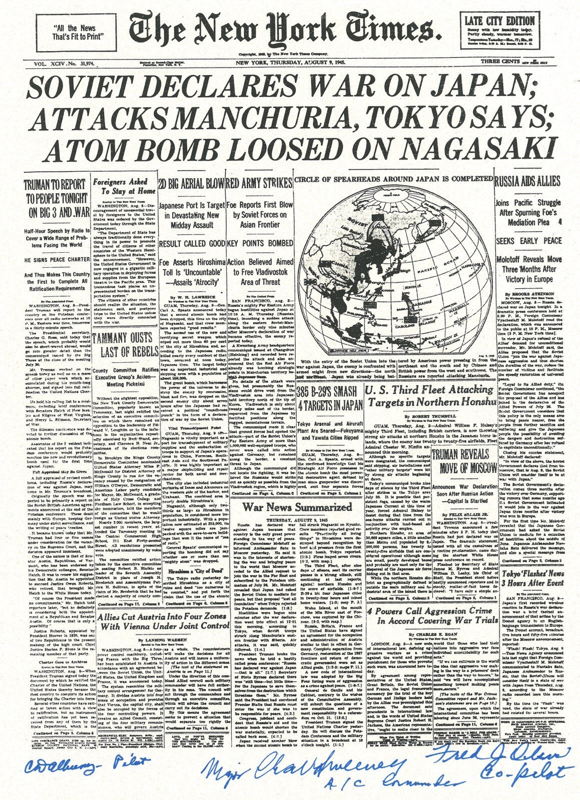 BOCKCAR C-15 CREW SIGNED NEW YORK TIMES FRONT PAGE PSA DNA AB13912 (D) WWII X30