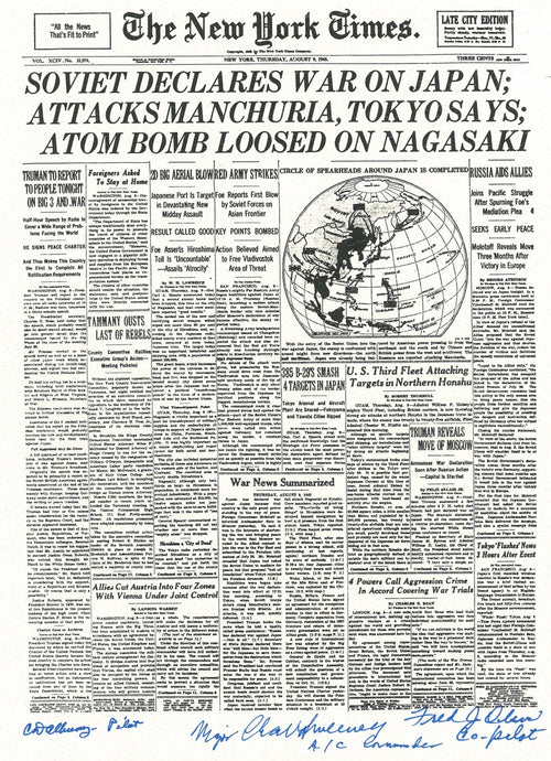 BOCKCAR C-15 CREW SIGNED NEW YORK TIMES FRONT PAGE PSA DNA AB13912 (D) WWII X30