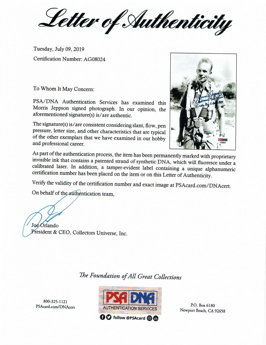 MORRIS JEPPSON SIGNED 5X7 PSA DNA AG08024 (D) WWII ENOLA GAY ETO1