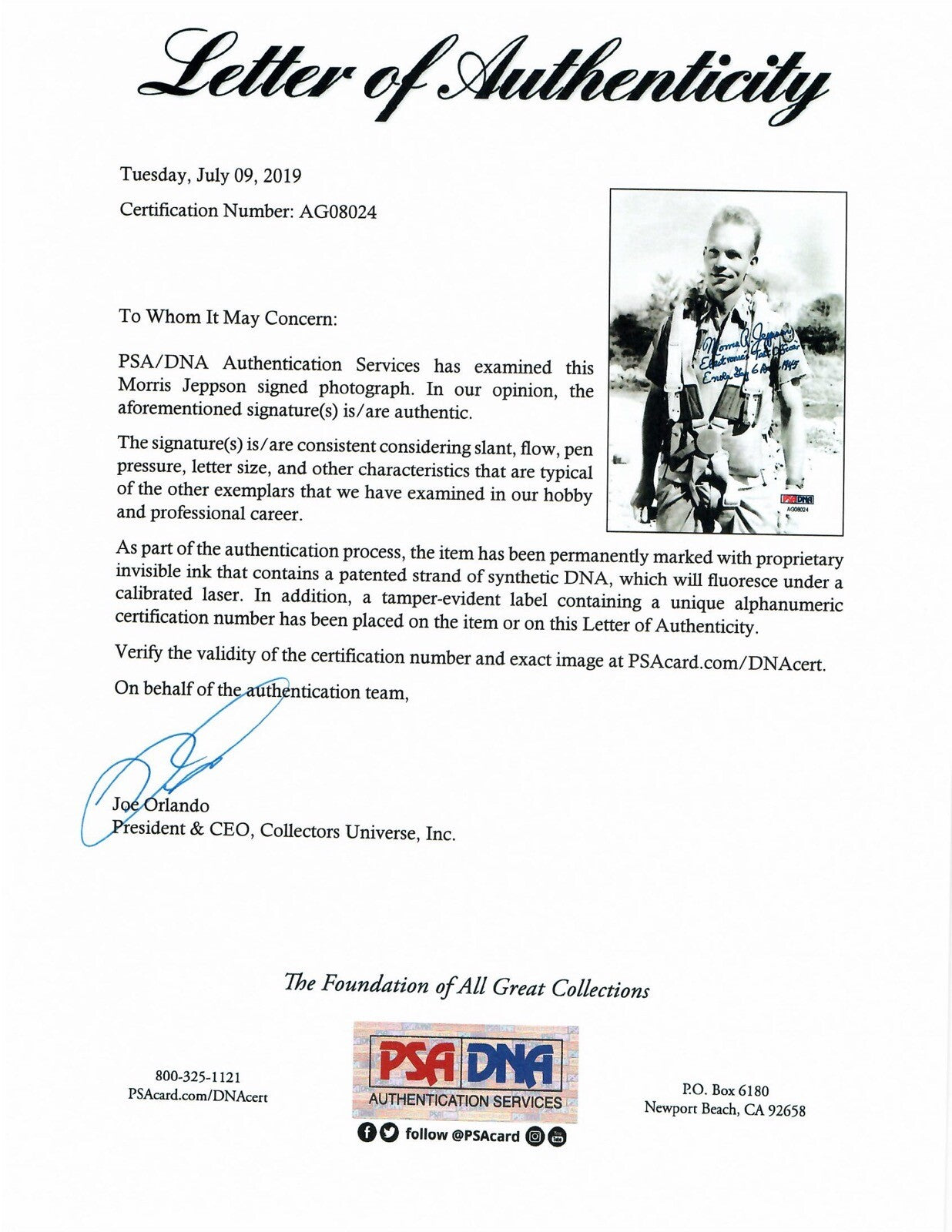 MORRIS JEPPSON SIGNED 5X7 PSA DNA AG08024 (D) WWII ENOLA GAY ETO1