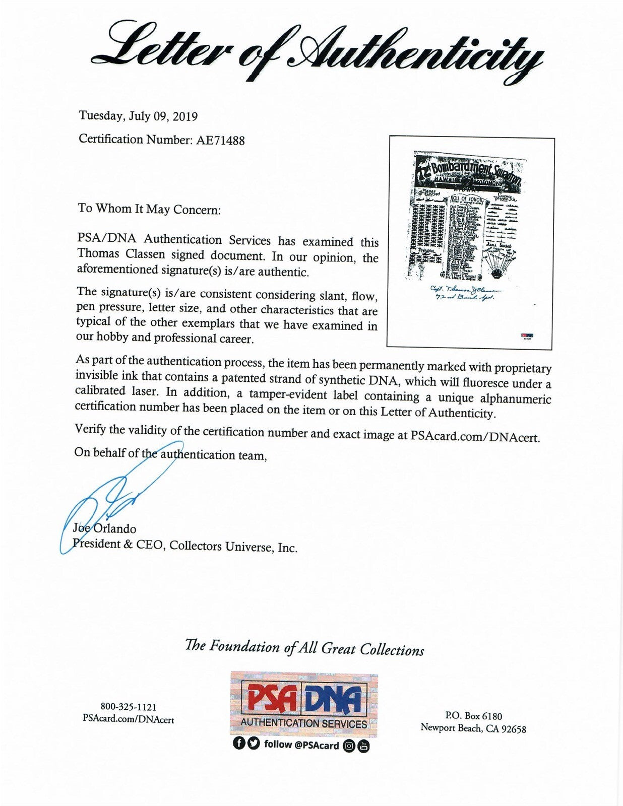 THOMAS CLASSEN SIGNED ROLL OF HONOR DOCUMENT PSA DNA AE71488 (D) WWII 72ND BS1