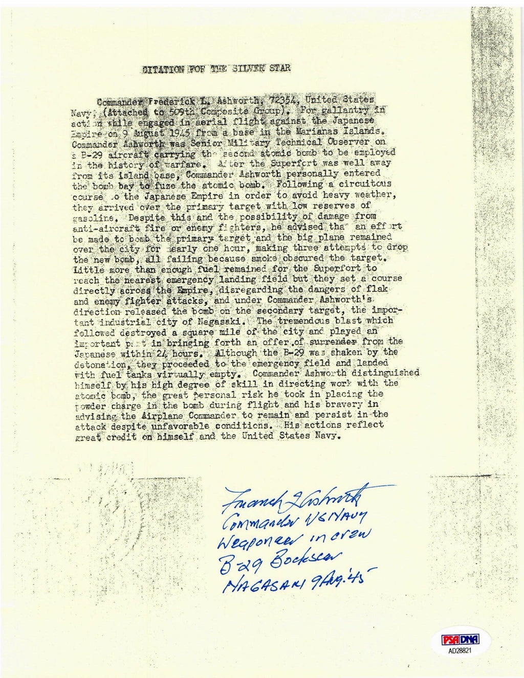 FREDERICK ASHWORTH SIGNED SILVER STAR CITATION DOCUMENT PSA DNA AD28821 (D)0