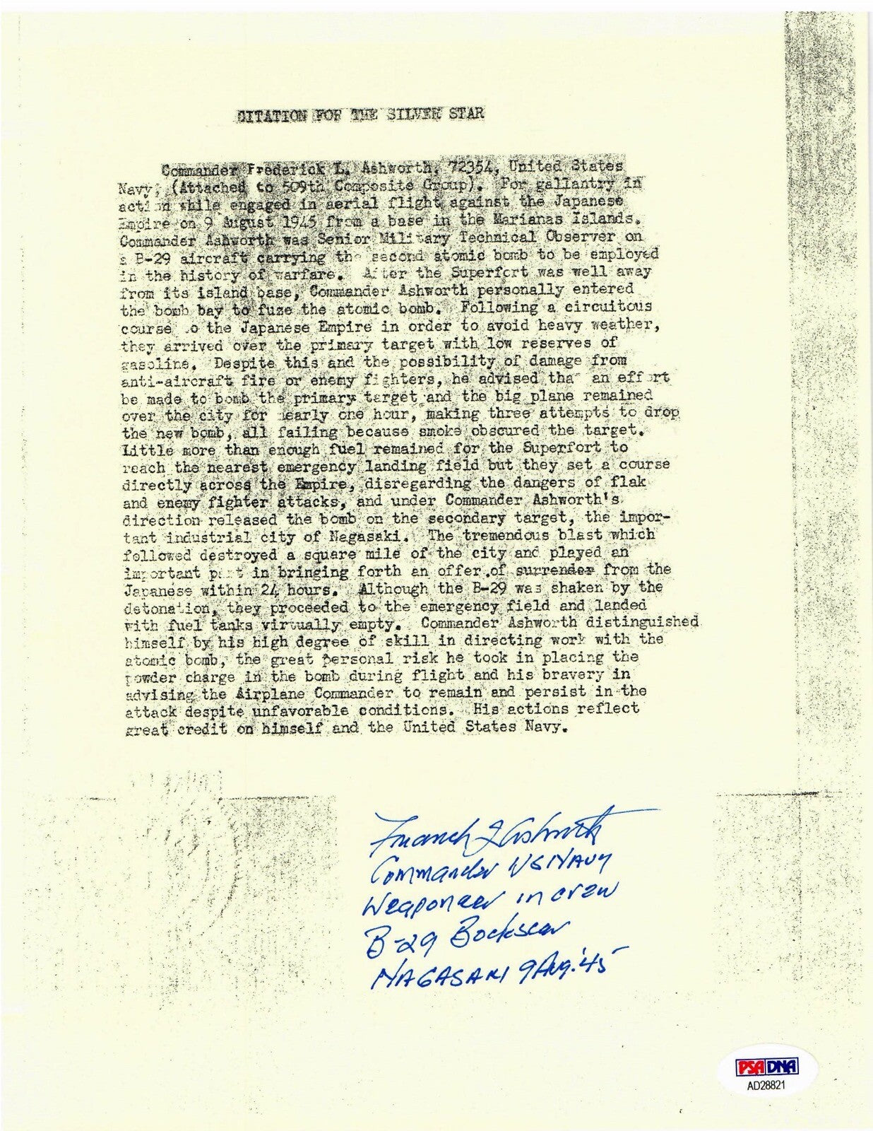 FREDERICK ASHWORTH SIGNED SILVER STAR CITATION DOCUMENT PSA DNA AD28821 (D)0