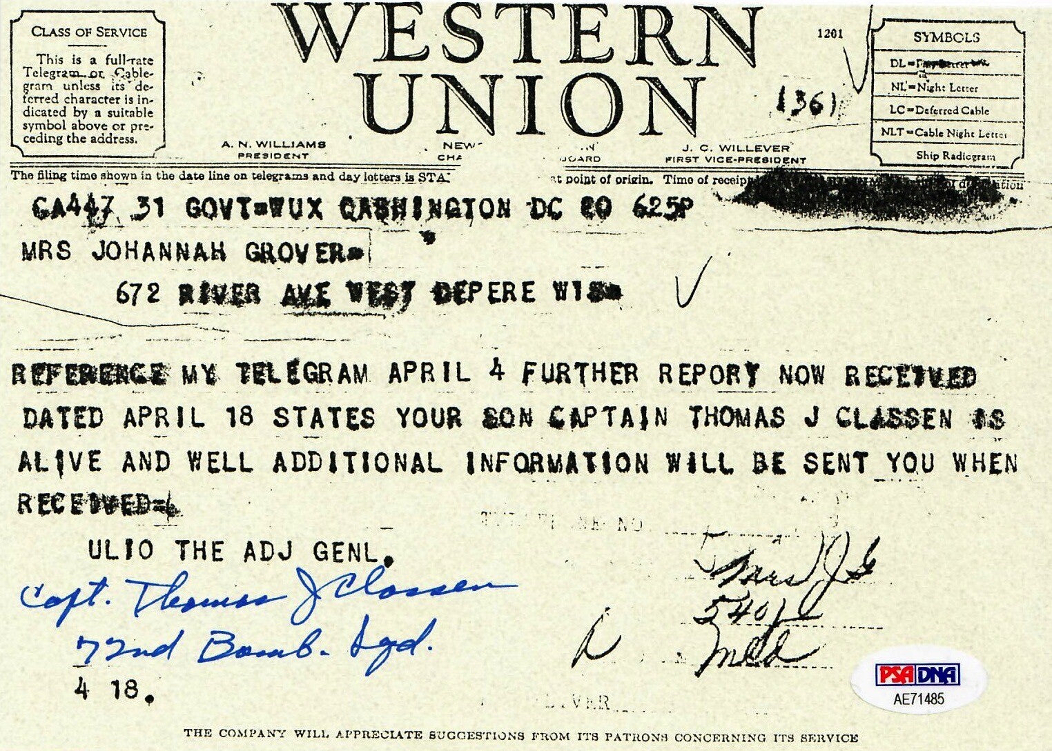 THOMAS CLASSEN SIGNED WESTERN UNION DOCUMENT PSA DNA AE71485 (D) WWII 72ND BS0