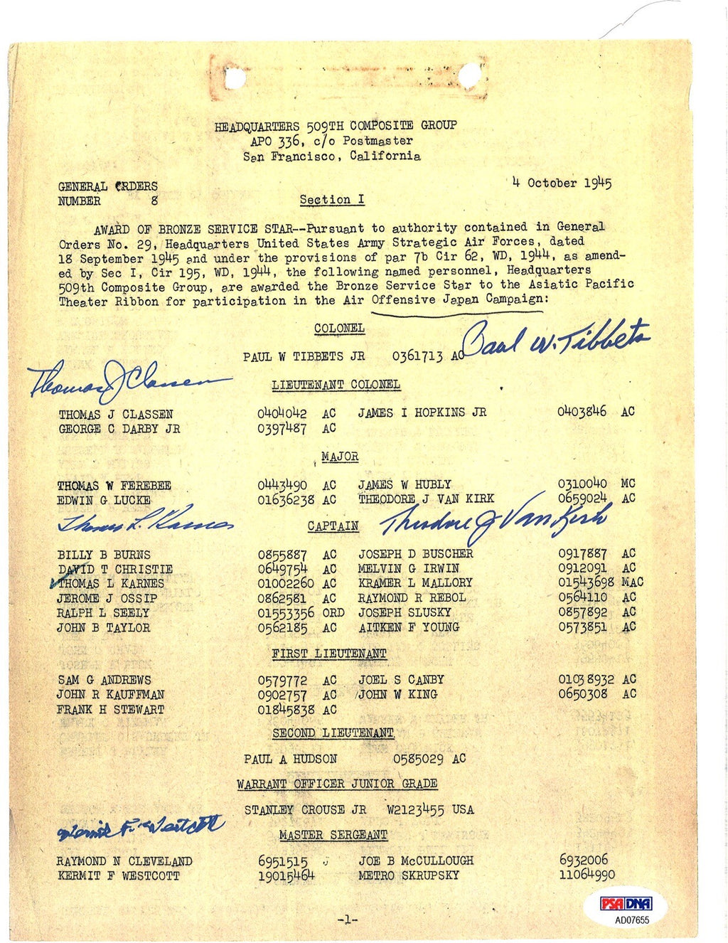 509th COMP GROUP MULTI SIGNED BRONZE STAR DOCUMENT PSA DNA AD07655 (D) X50