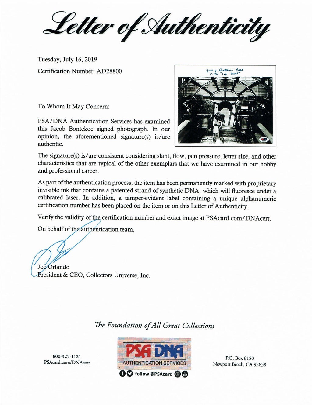 JACOB BONTEKOE SIGNED 8X10 PSA DNA AD28800 (D) WWII TOP SECRET B-81