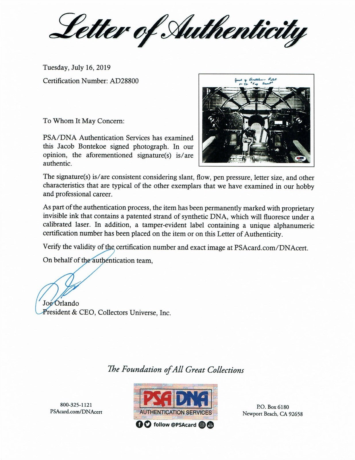 JACOB BONTEKOE SIGNED 8X10 PSA DNA AD28800 (D) WWII TOP SECRET B-81