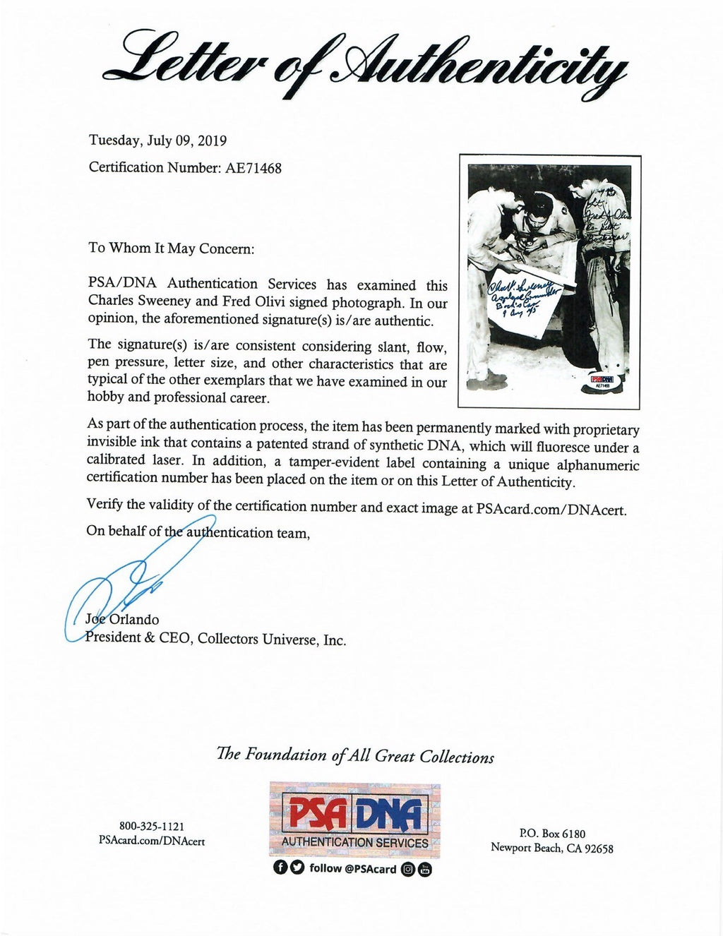 SWEENEY OLIVI DUAL SIGNED 5x7 PHOTO PSA DNA AE71468 (D) WWII BOCKSCAR C-151