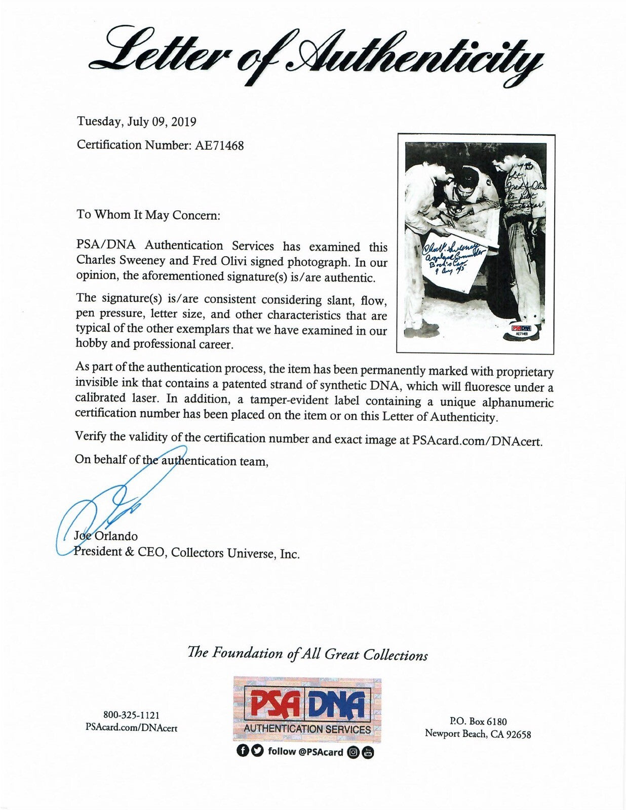 SWEENEY OLIVI DUAL SIGNED 5x7 PHOTO PSA DNA AE71468 (D) WWII BOCKSCAR C-151