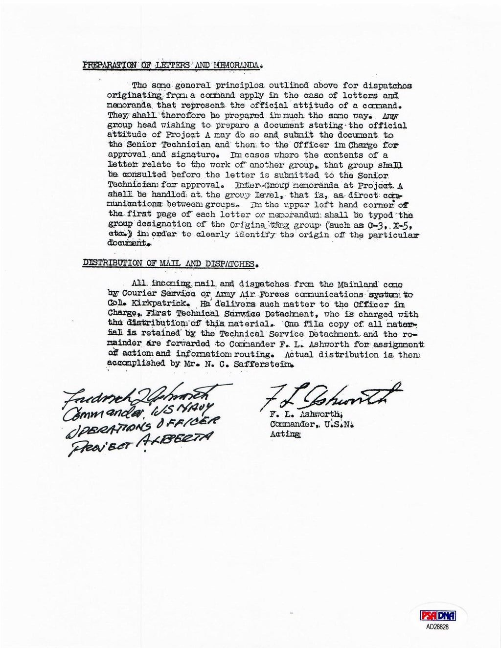 FREDERICK ASHWORTH SIGNED DOCUMENT PSA DNA AD28828 (D) WWII PROJECT ALBERTA0