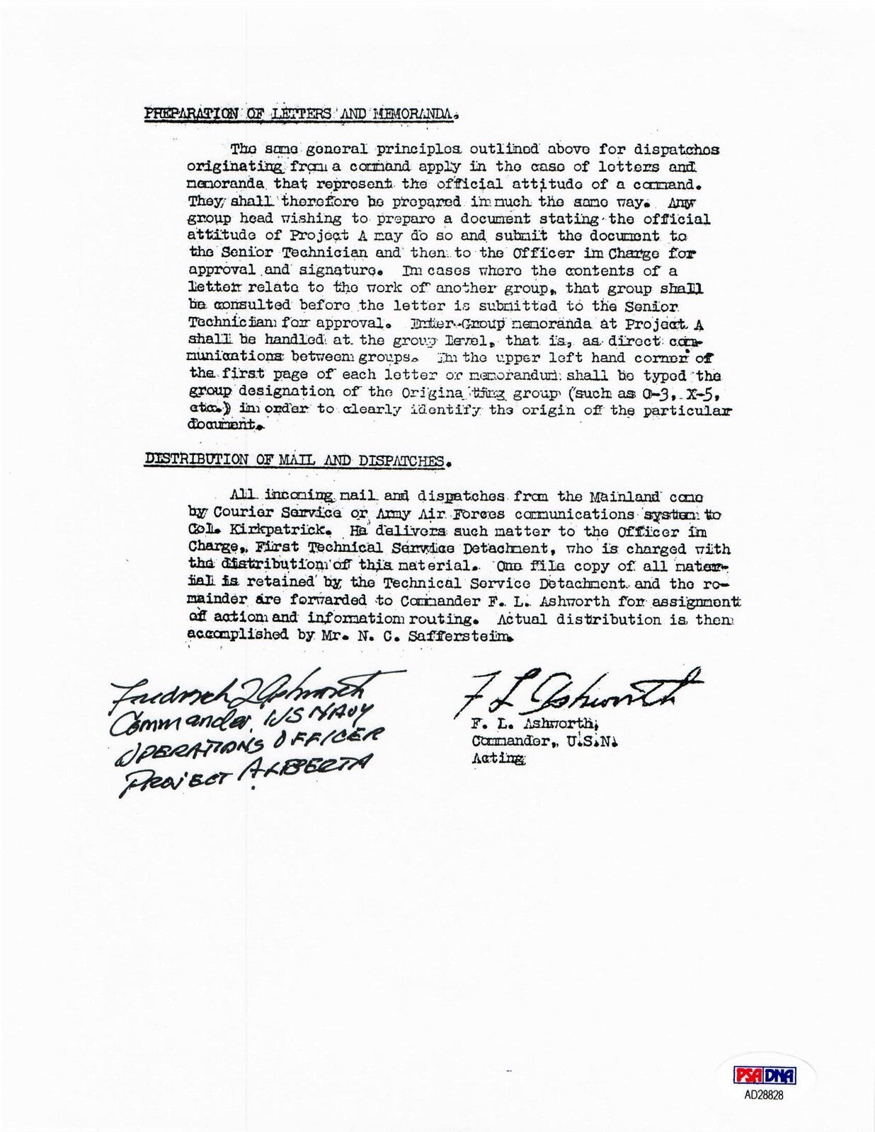 FREDERICK ASHWORTH SIGNED DOCUMENT PSA DNA AD28828 (D) WWII PROJECT ALBERTA0