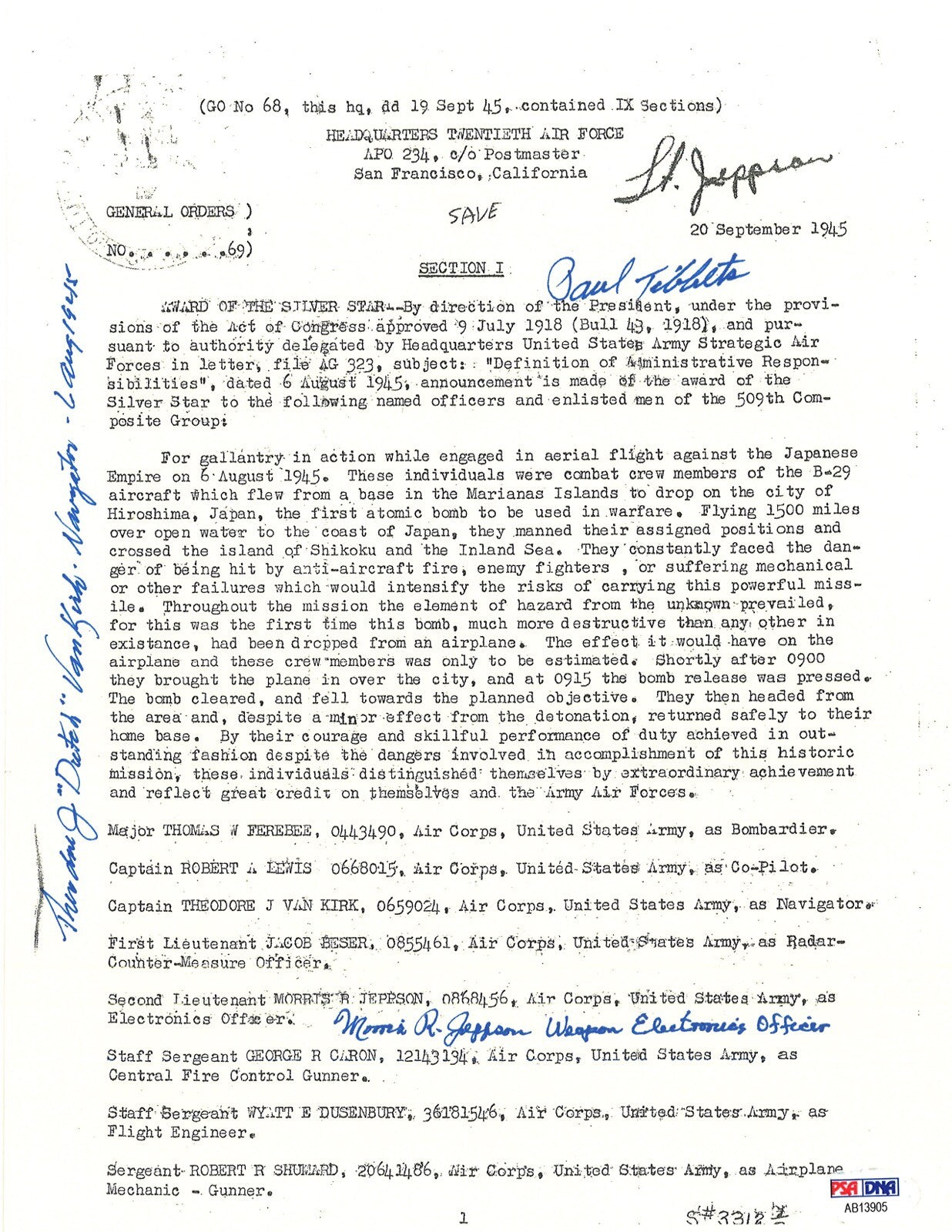 TIBBETS /VAN KIRK / JEPPSON SIGNED SILVER STAR DOCUMENT PSA DNA AB139050