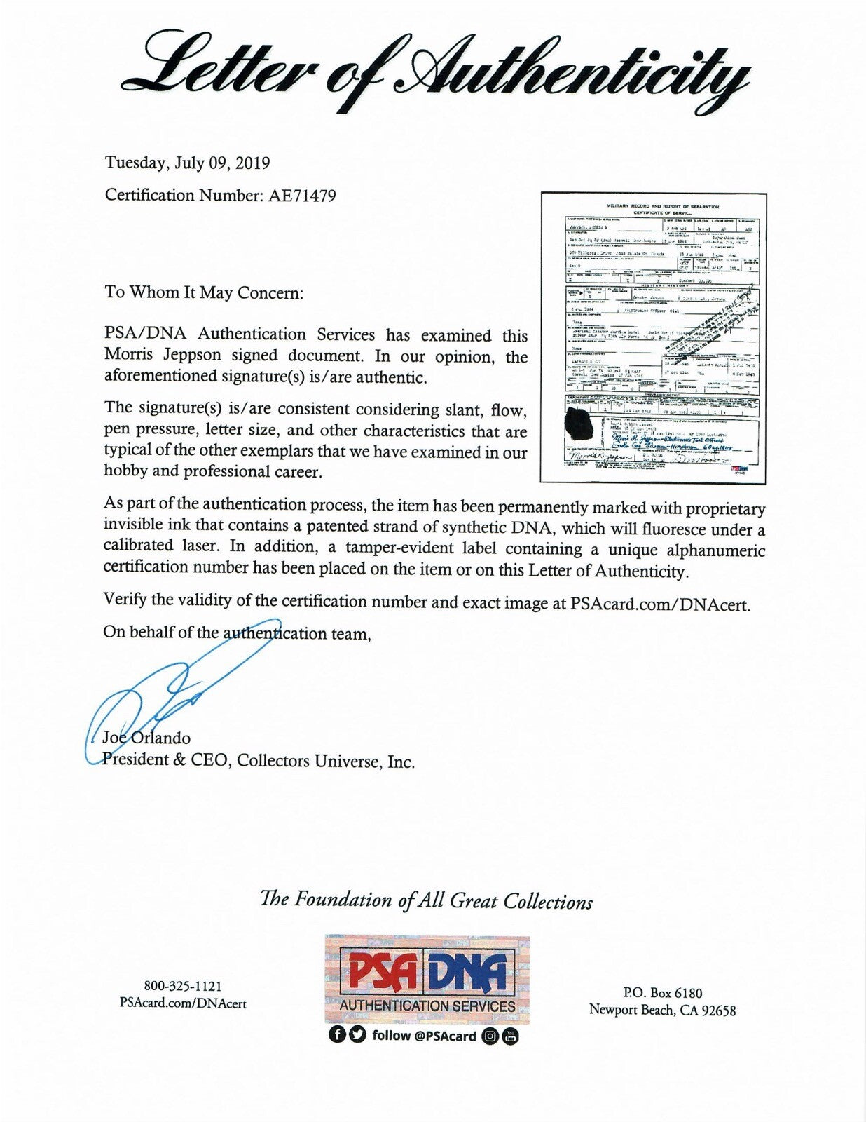 MORRIS JEPPSON SIGNED SERVICE DOCUMENT PSA DNA AE71479 ENOLA GAY ETO (D)1