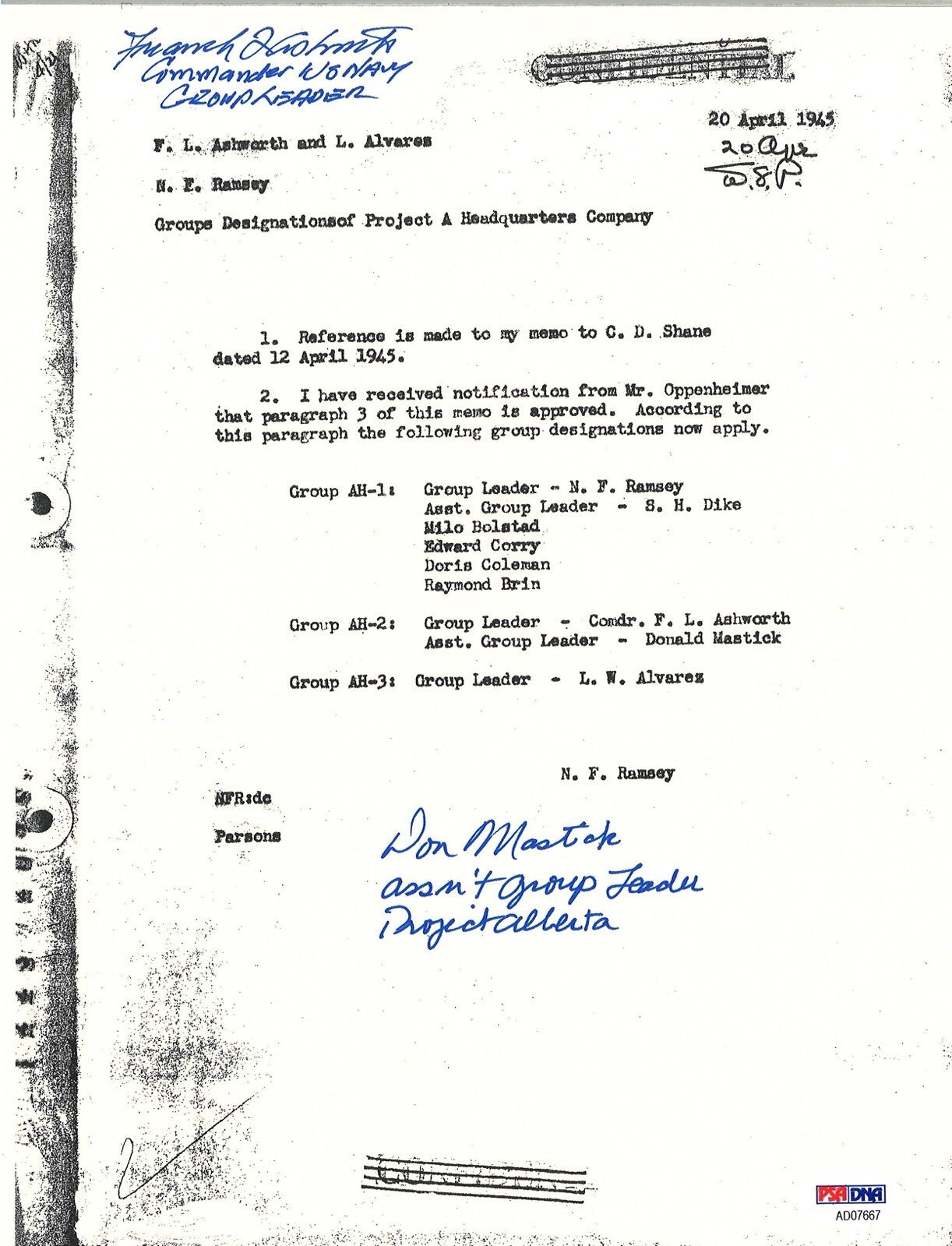FREDERICK ASHWORTH / DON MASTICK SIGNED PROJECT ALBERTA DOCUMENT PSA DNA AD076670