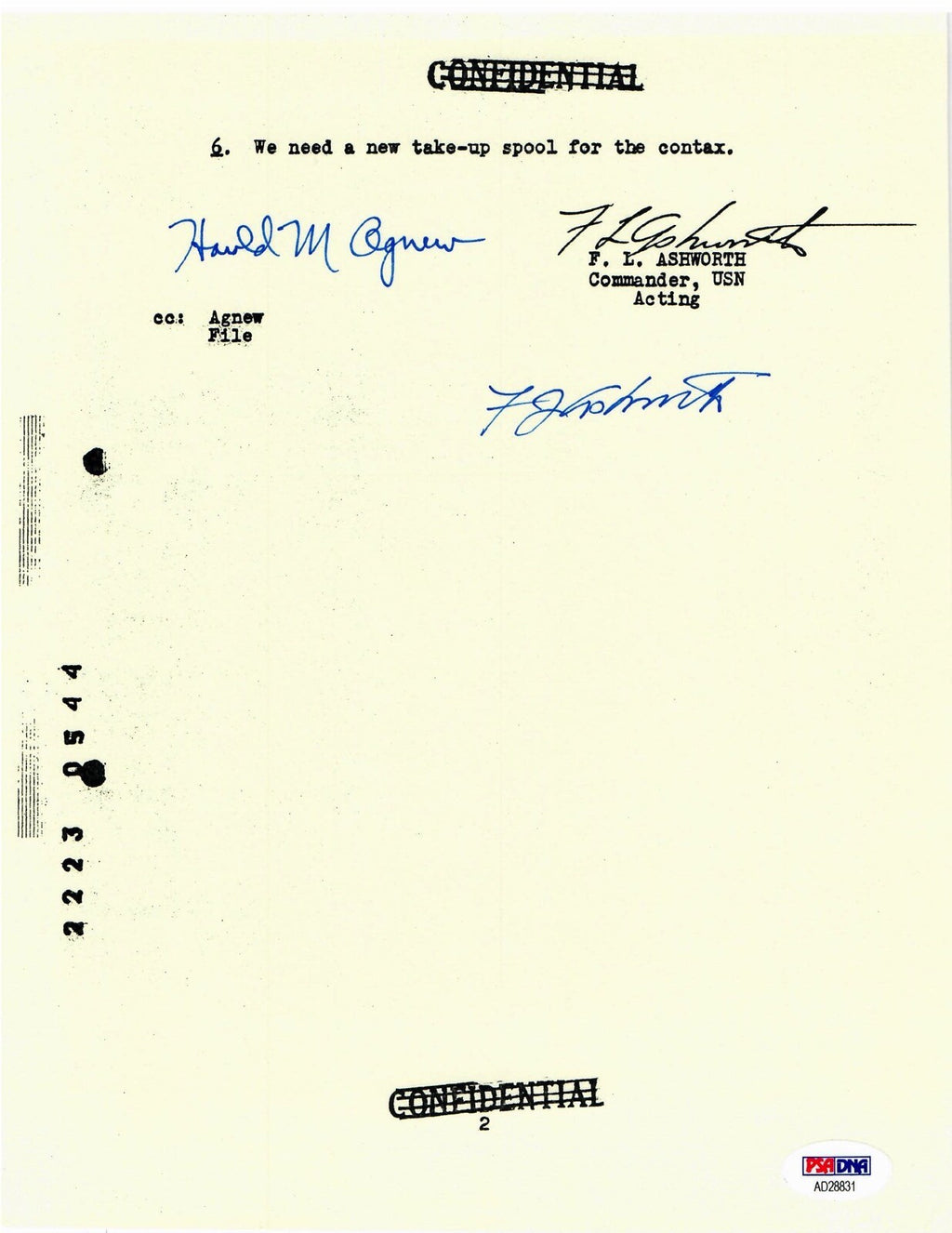 FREDERICK ASHWORTH HAROLD AGNEW SIGNED DOCUMENT PSA DNA AD28831 PROJECT ALBERTA0