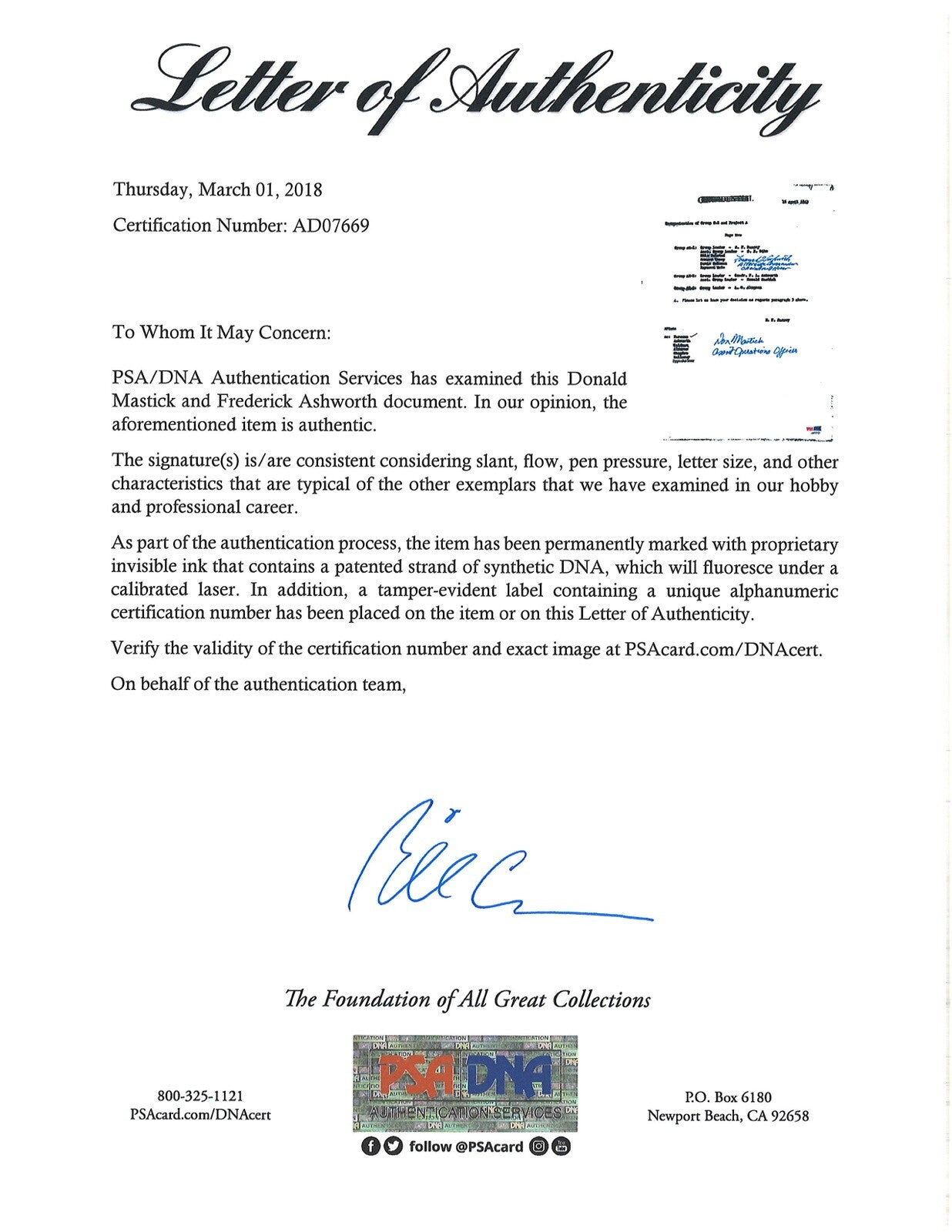 FREDERICK ASHWORTH / DON MASTICK SIGNED PROJECT ALBERTA DOCUMENT PSA DNA AD076691