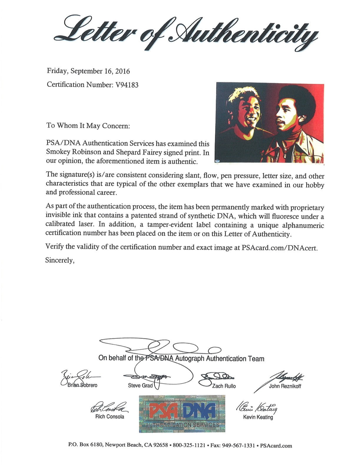 SMOKEY ROBINSON SIGNED SHEPARD FAIREY PRINT PSA DNA V94183 LE #131/4501