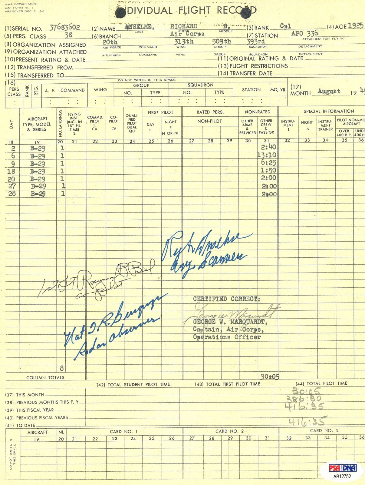 ANSELME / BIEL / BURGWYN SIGNED FLIGHT RECORD PSA DNA AB12752 (D) WWII0