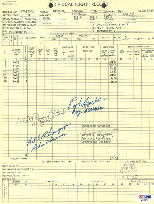 ANSELME / BIEL / BURGWYN SIGNED FLIGHT RECORD PSA DNA AB12752 (D) WWII0
