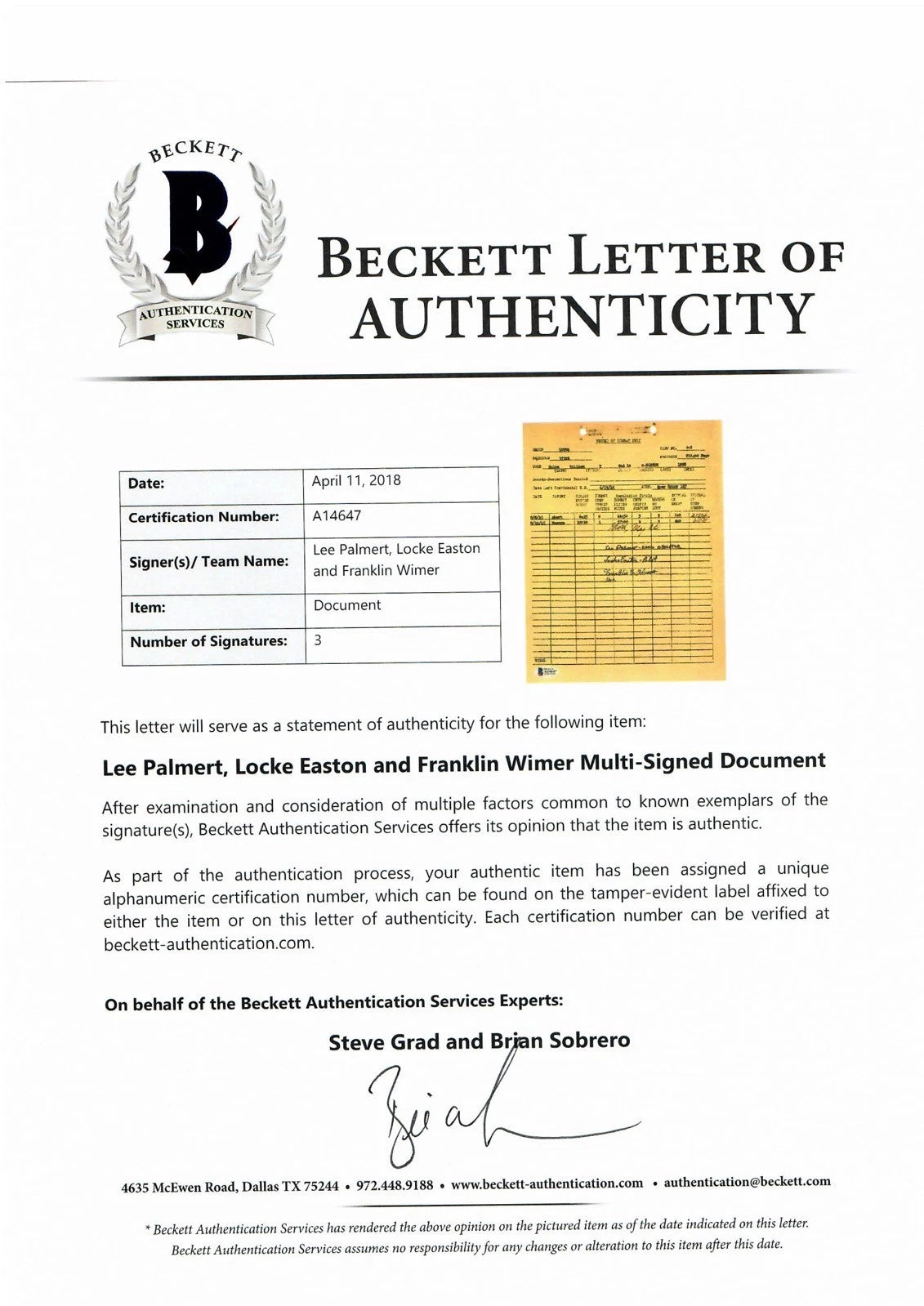 Lee Palmert Locke Easton Franklin Wimer 509th Signed Combat Duty Doc BAS A14647