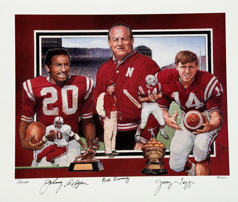 THE DYNASTY BEGINS SIGNED PRINT BOB DEVANEY RODGERS TAGGE LE 950 HUSKERS0