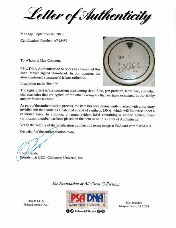 John Mayer Signed 11" Clear Drumhead Beat It Inscription PSA DNA LOA2