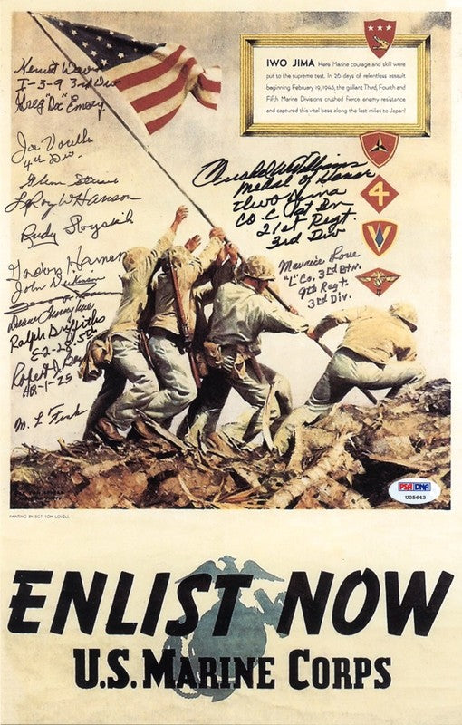 WWII Iwo Jima Veterans Signed 9x14 Enlist Now Photo 15 Marines PSA DNA LOA0