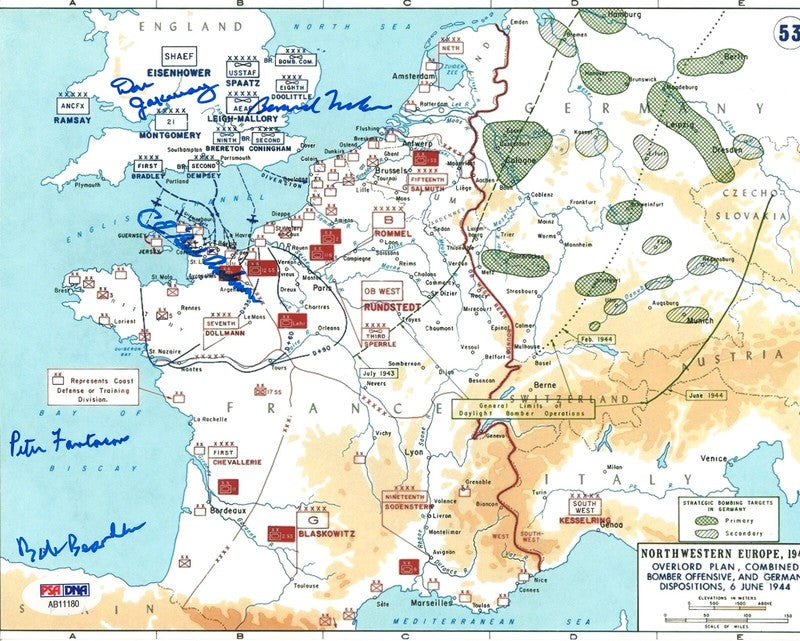 D-DAY VETERANS SIGNED D-DAY INVASION MAP 8X10 PHOTO PSA DNA X5 VETERANS0