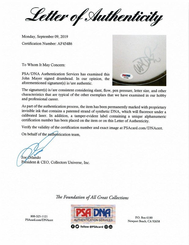 John Mayer Signed 9" White Drumhead Full Signature PSA DNA LOA1