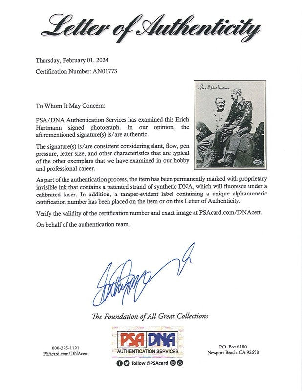 Erich Hartmann Signed 8x10 Photograph WWII Fighter Ace PSA DNA LOA Pose B1