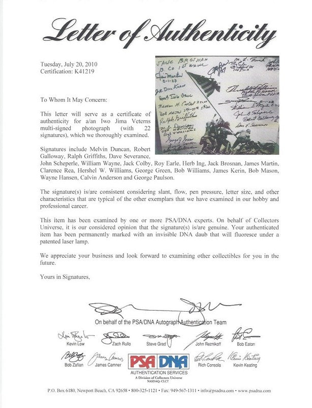 IWO JIMA VETERANS SIGNED 8X10 PSA DNA K41219 X22 WWII w/ WILLIAMS SEVERANCE1