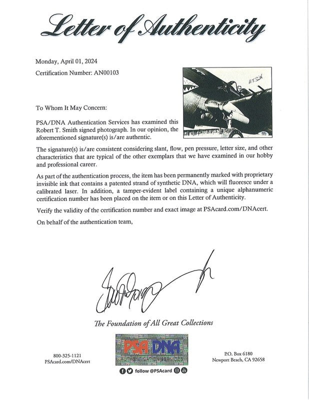 RT SMITH SIGNED 8X10 PHOTO PSA DNA (D) WWII AVG FLYING TIGERS ACE1