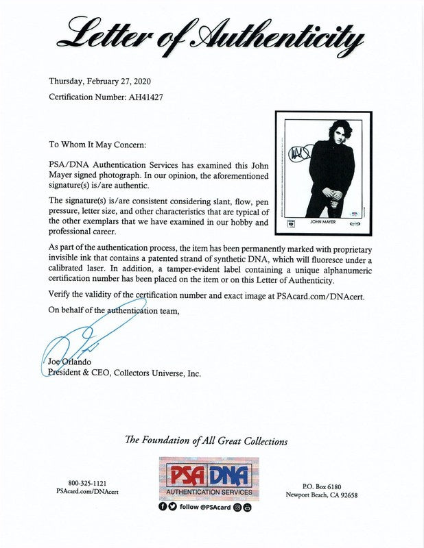 John Mayer Signed 8x10 Photograph PSA DNA Encapsulated w/ LOA Full Signature 271
