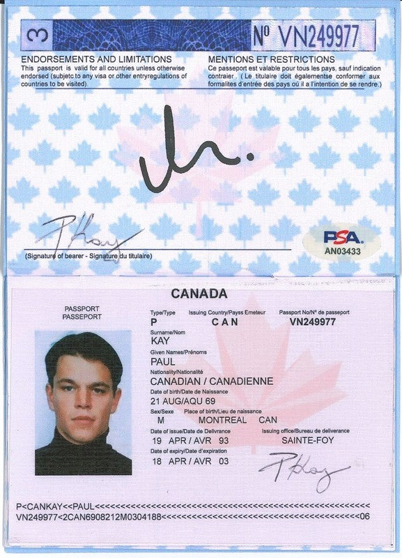 Matt Damon Signed Bourne Identity Canadian Passport Prop PSA DNA LOA0