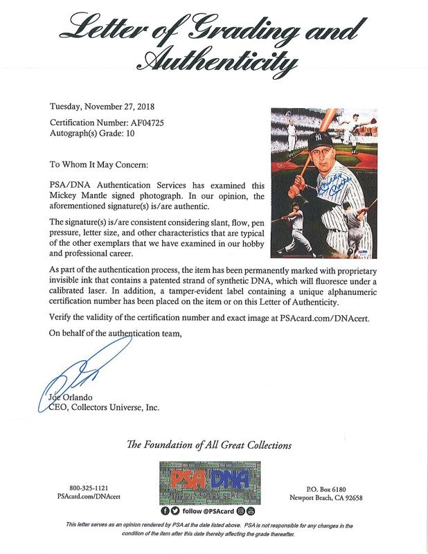 MICKEY MANTLE SIGNED 8X10 PSA DNA AF04725 GEM MINT 10 AUTO YANKEES HOF (D)1