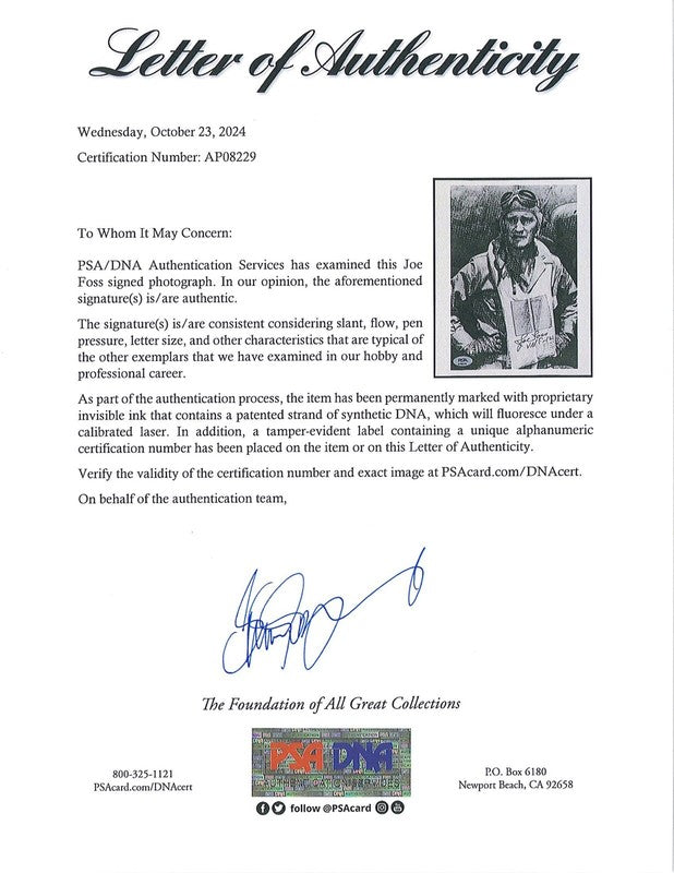 JOE FOSS SIGNED 8X10 (D) PSA DNA WWII ACE 26V1