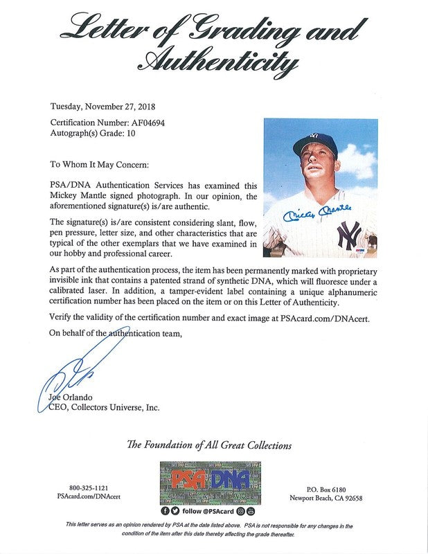 MICKEY MANTLE SIGNED 8X10 PSA DNA AF04694 GEM MINT 10 AUTO YANKEES HOF (D)1