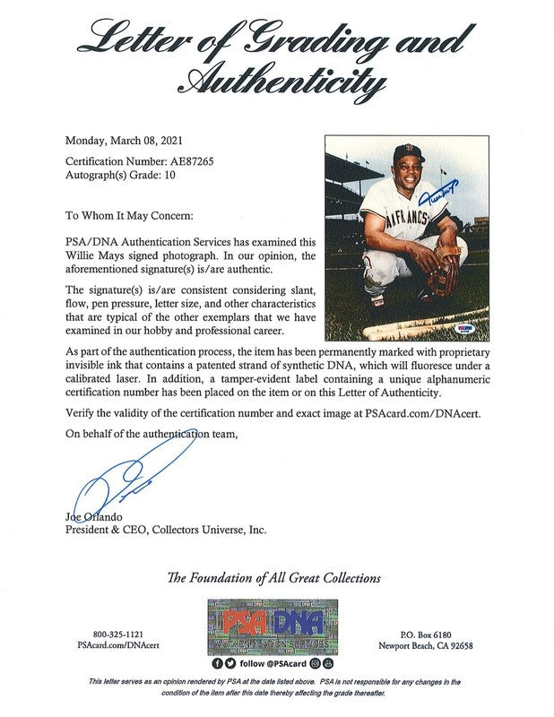 WILLIE MAYS SIGNED 8X10 PSA AE87265 GEM MINT 10 AUTO GIANTS HOF1