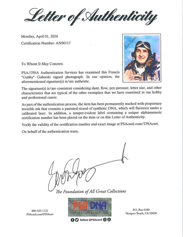 FRANCIS GABBY GABRESKI SIGNED 8X10 PSA DNA (D) WWII ACE 34.5V1