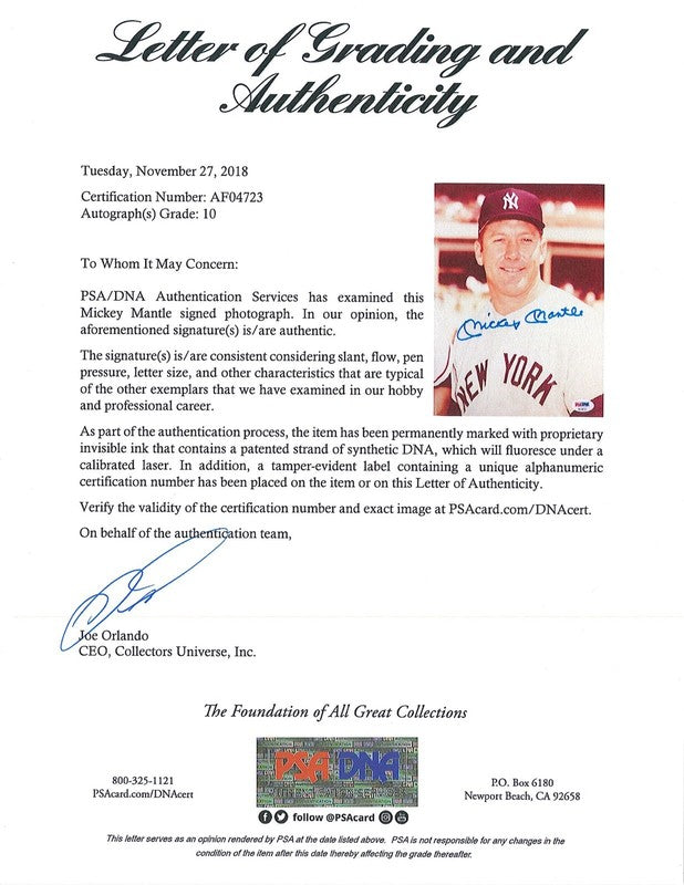 MICKEY MANTLE SIGNED 8X10 PSA DNA AF04723 GEM MINT 10 AUTO YANKEES HOF (D)1