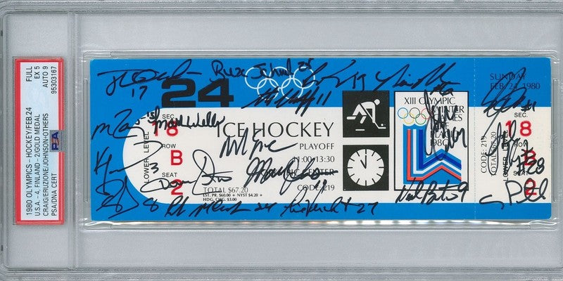1980 USA OLYMPIC HOCKEY TEAM SIGNED GOLD MEDAL FULL TICKET 19 AUTOS PSA0